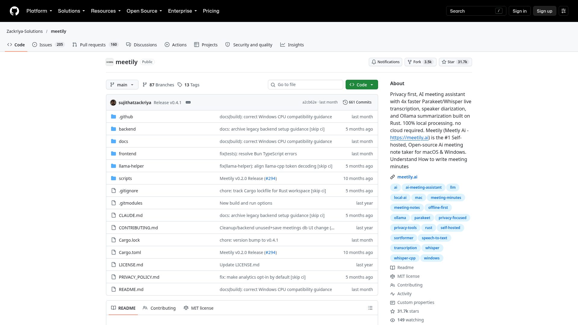 Meetily on GitHub