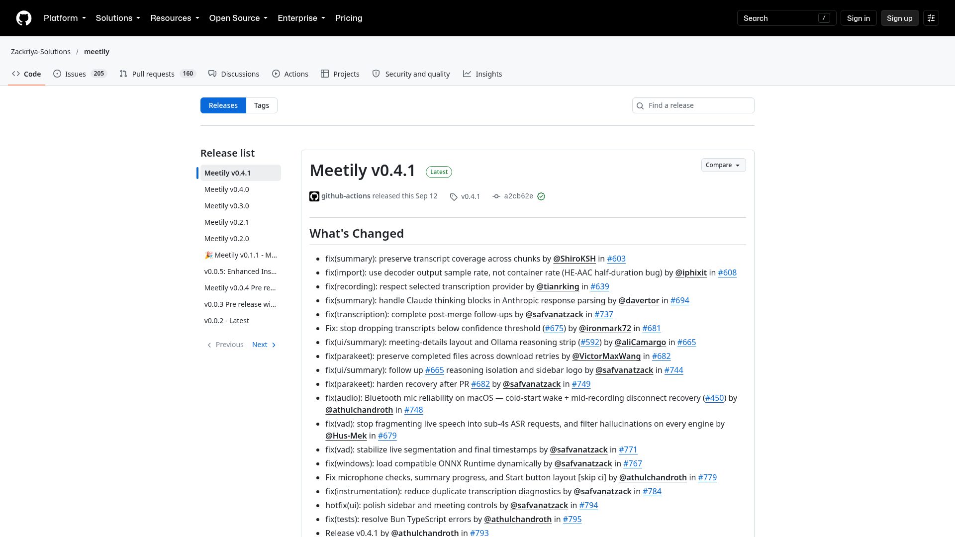 Meetily releases