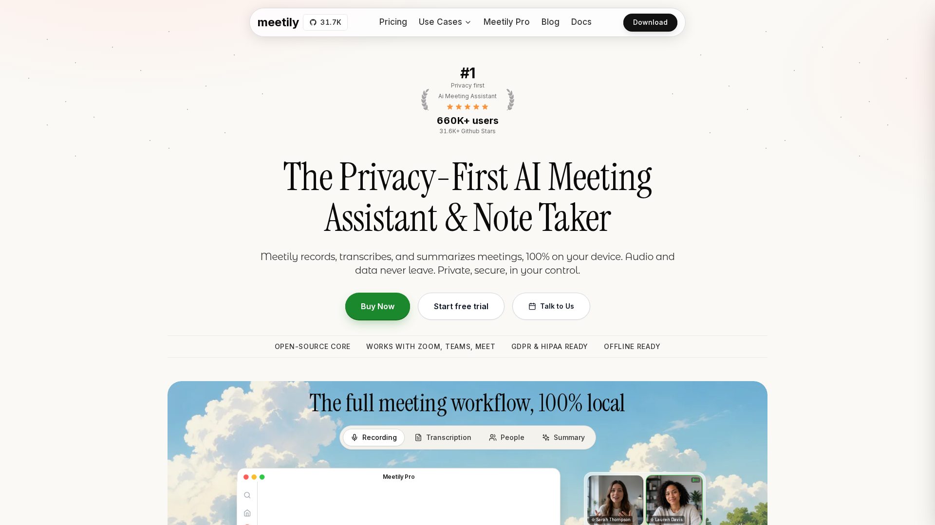 Meetily homepage