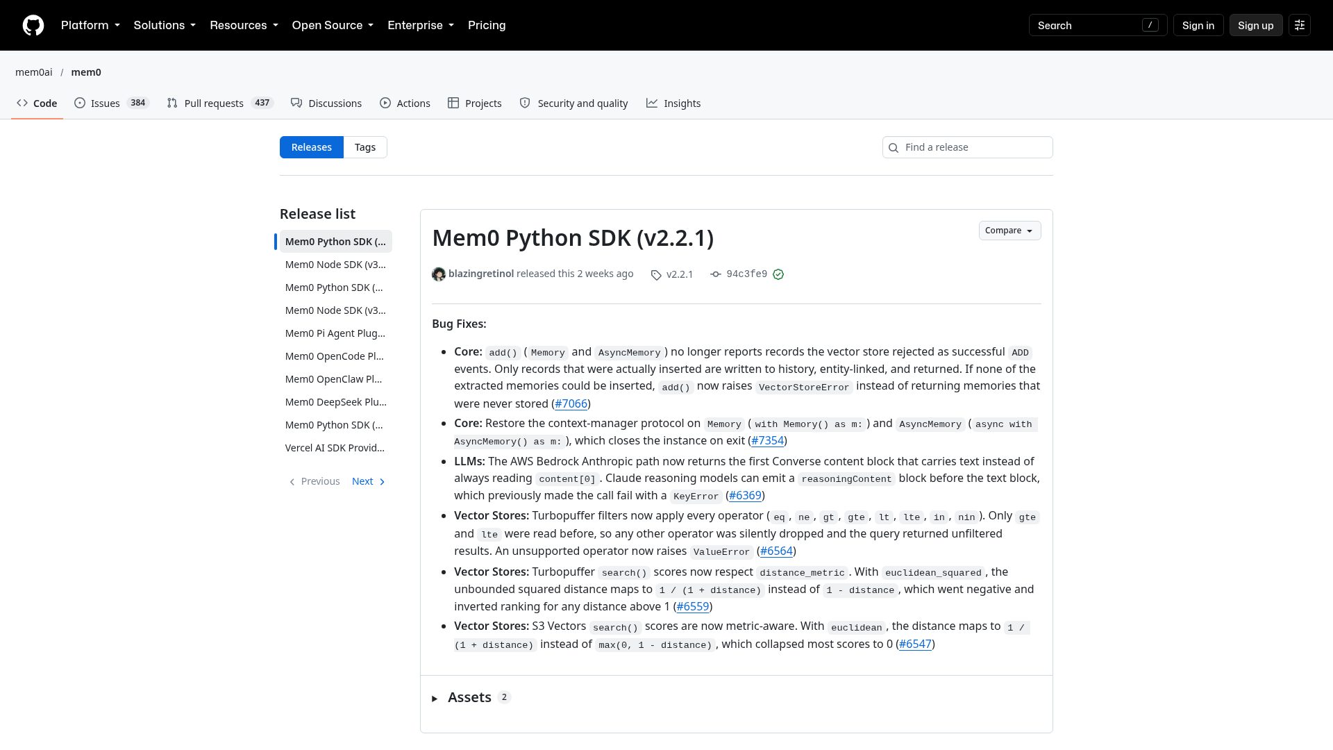 Mem0 releases